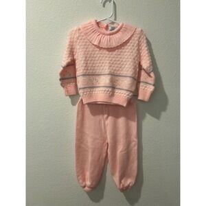 Vintage Nann-Knits Nannette Pink Sweater Set Ruffle Collar Bows 24 Months